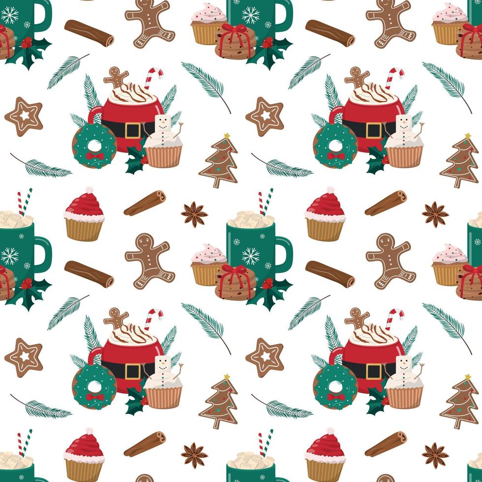 bebidas quentes de inverno dos desenhos animados e padrão sem emenda de padaria de natal. cacau com creme, chocolate com marshmallow, cupcakes, rosquinhas, biscoitos. isolado no fundo branco. papel digital com tema de férias. vetor