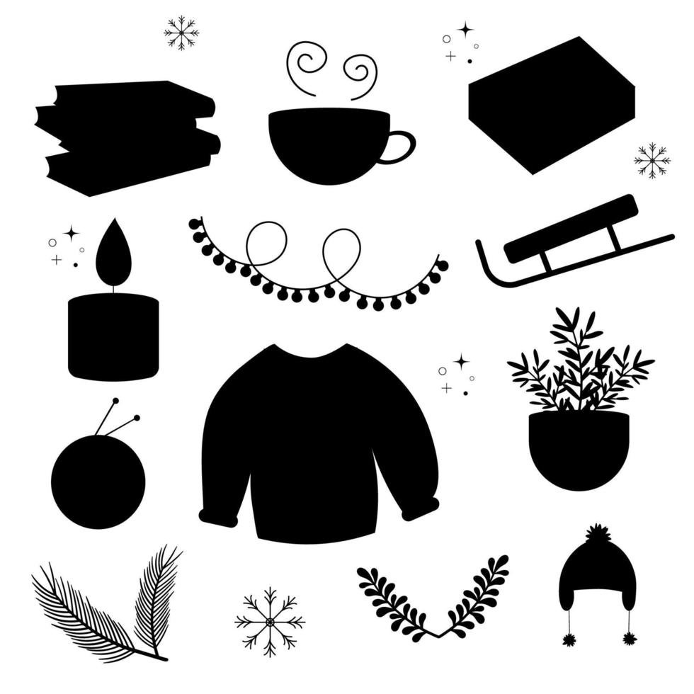 silhueta de coleção de elementos de inverno. o estilo hygge. vetor