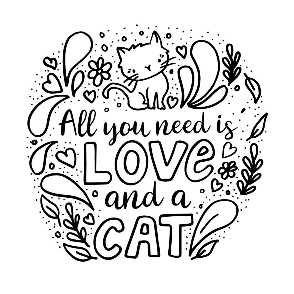 ilustração vetorial doodle tudo que você precisa é amor e um gato isolado no fundo branco. vetor