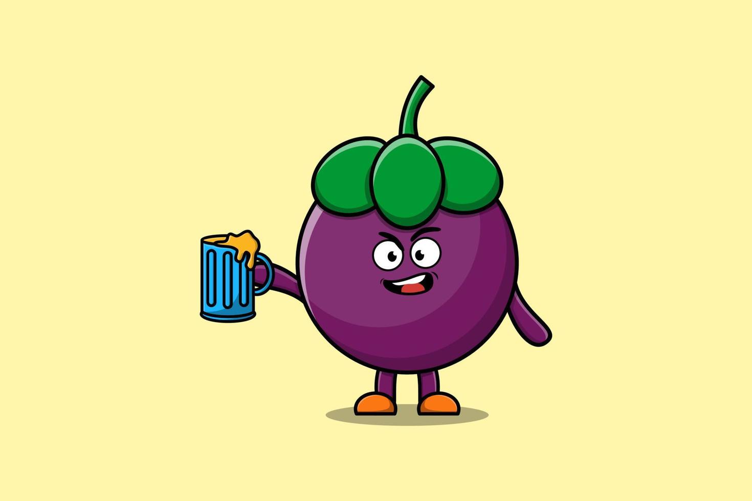 personagem de desenho animado bonito mangostão com copo de cerveja vetor