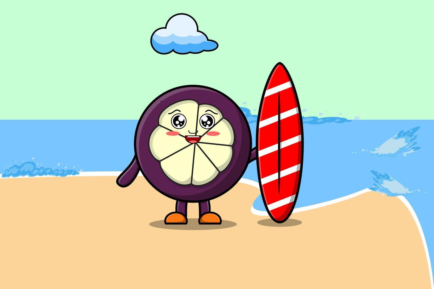 personagem de mangostão bonito dos desenhos animados jogando surf vetor