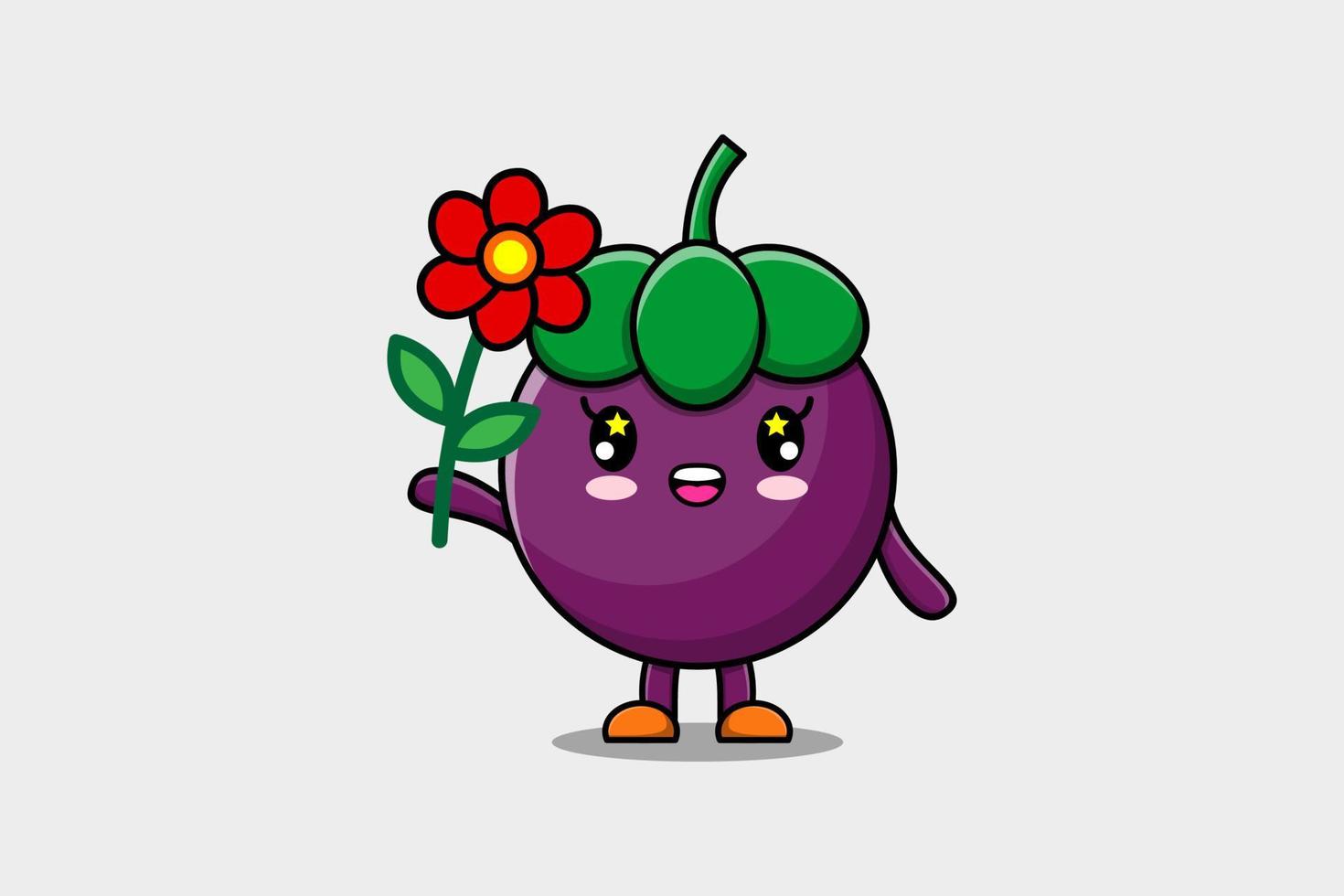 personagem de mangostão de desenho animado bonito segura flor vermelha vetor