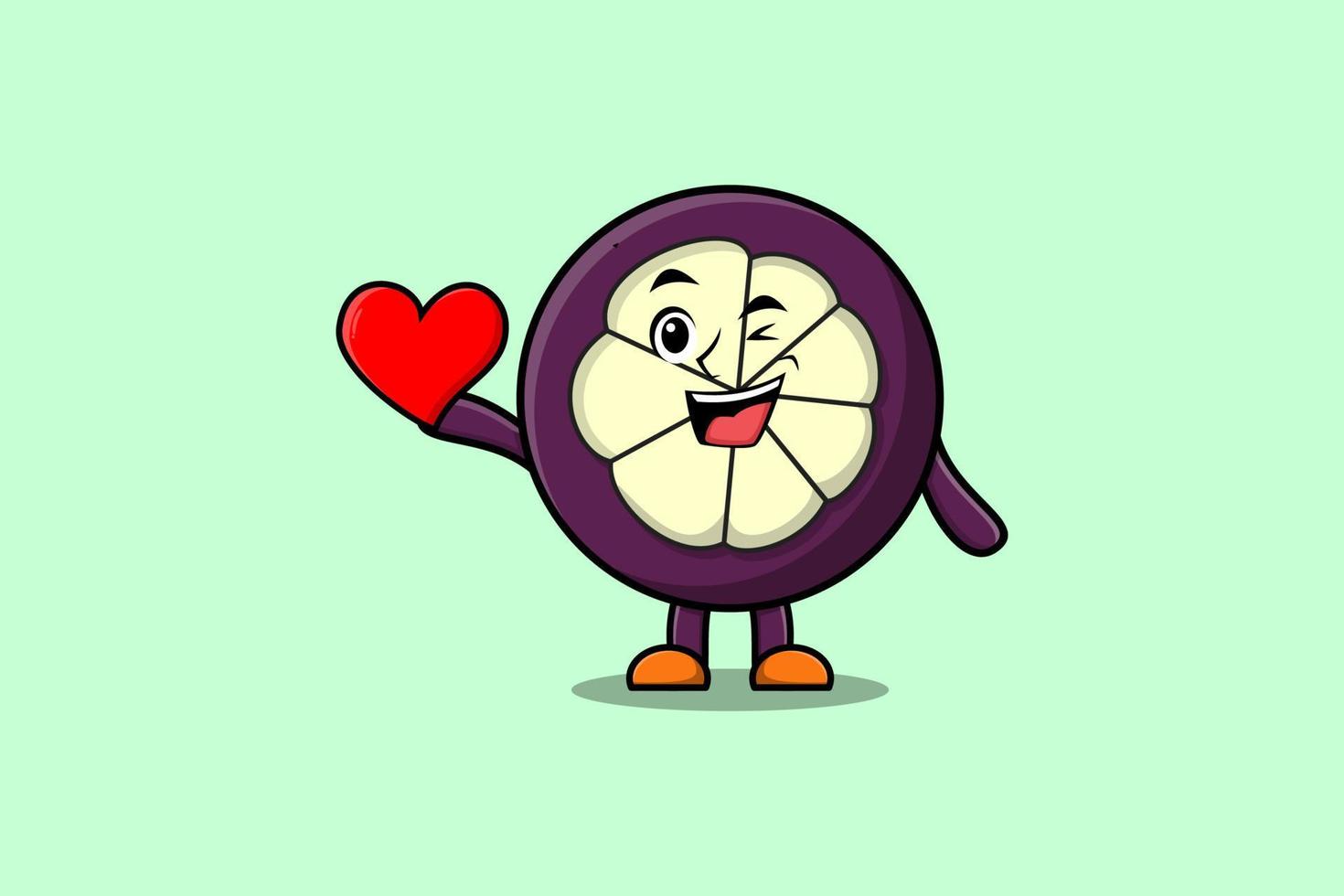 mangostão bonito dos desenhos animados, segurando o grande coração vermelho vetor