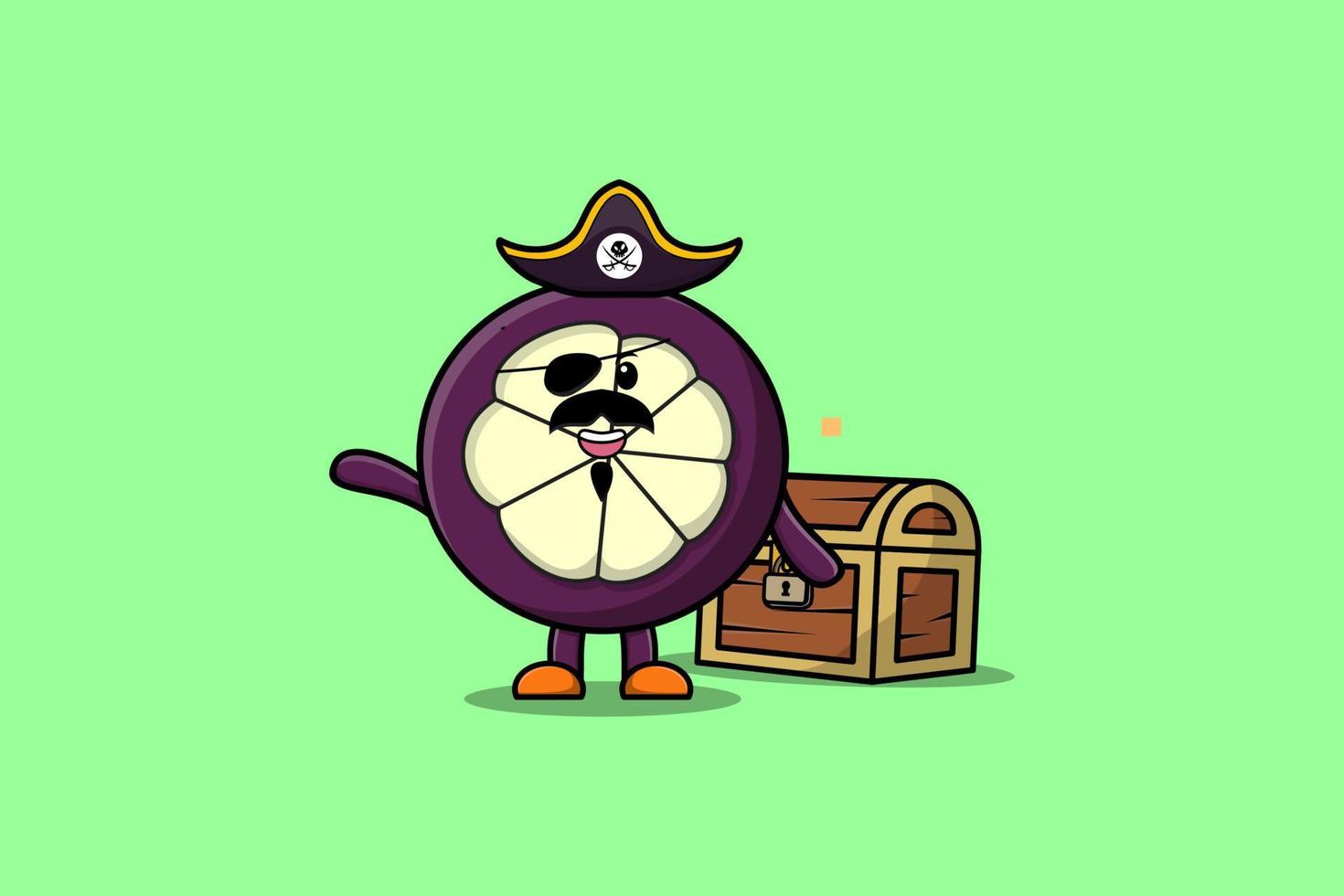 pirata de mangostão bonito dos desenhos animados com caixa de tesouro vetor