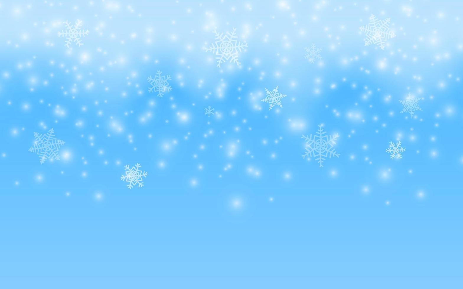 cena da temporada de inverno. fundo de neve de feliz natal. vector ilustração 3d flocos de neve brilhantes caindo. paisagem de inverno, céu azul, tempestade de neve. espaço vazio para design de produto.