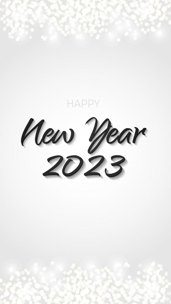 banner preto feliz ano novo 2023 prata brilhante. anel cintilante de metal com gráfico de glitter em pó em fundo branco. modelo de design gráfico de belos números. calendário gradiente luxuoso vetor