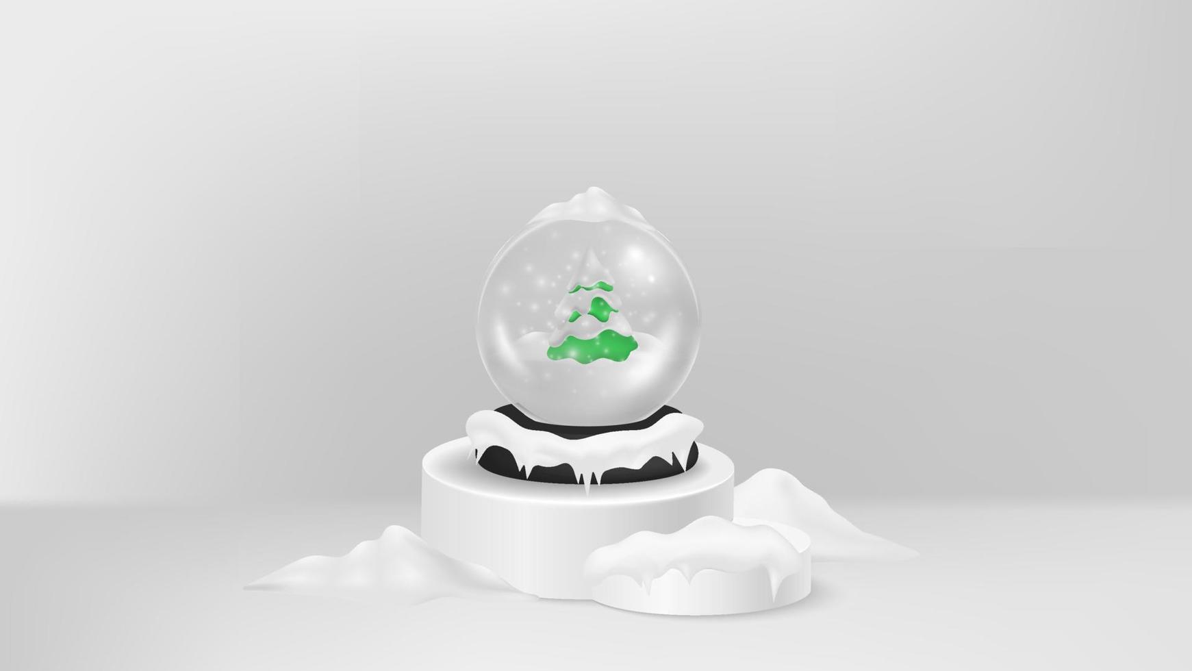 fundo branco feliz ano novo. feliz bola de natal com pinheiro verde coberto de neve, no pódio do estúdio de cilindro redondo, maquete 3d realista. globo de vidro de decorações de férias. ilustração vetorial vetor