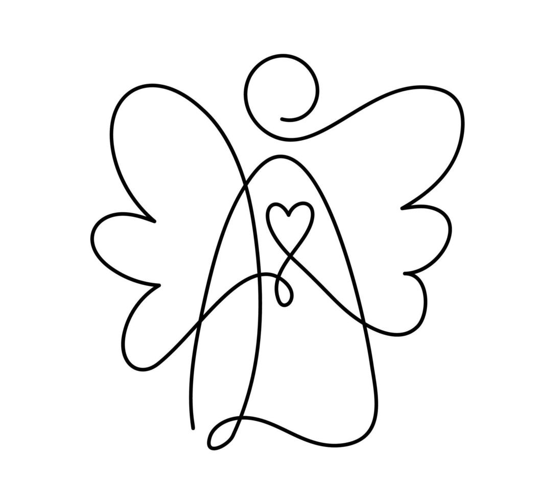 anjo de natal vetorial simples com coração, desenho contínuo de uma linha, impressão para roupas e design de logotipo, emblema ou silhueta uma única linha, ilustração abstrata isolada vetor