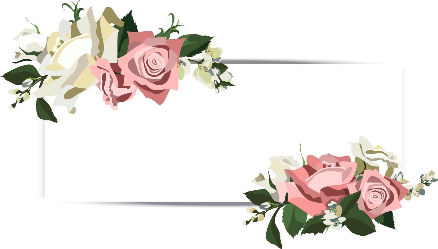 banner de casamento vetorial com rosas cor de rosa e brancas e flores de jasmim vetor