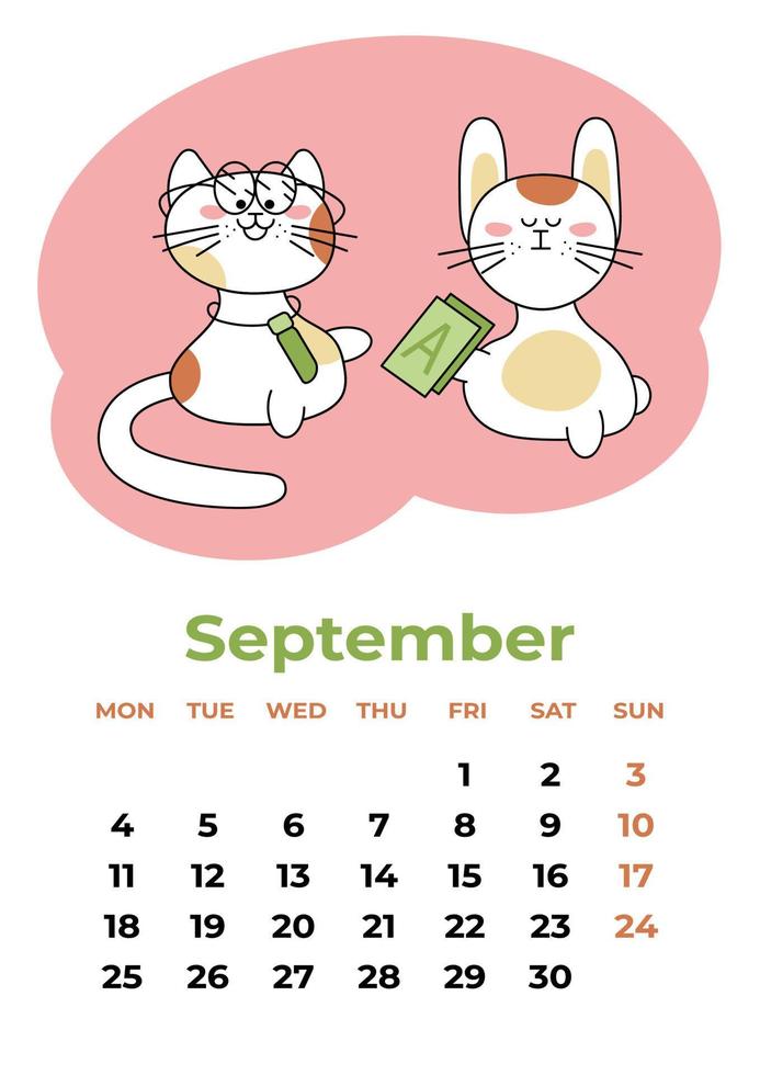 setembro de 2023. folha de calendário com símbolos de ano aprendendo letras. ilustração em vetor dos desenhos animados.