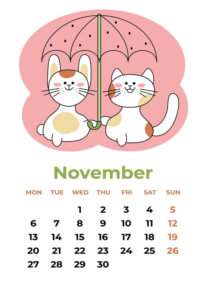 novembro de 2023. folha de calendário com os símbolos do ano que ficam sob um guarda-chuva na chuva. ilustração em vetor dos desenhos animados.