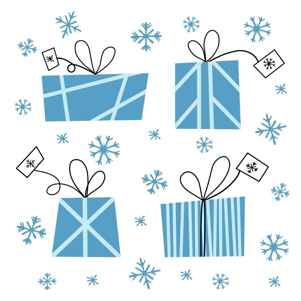 caixas de presente de Natal azul com flocos de neve. ilustração em vetor plana.