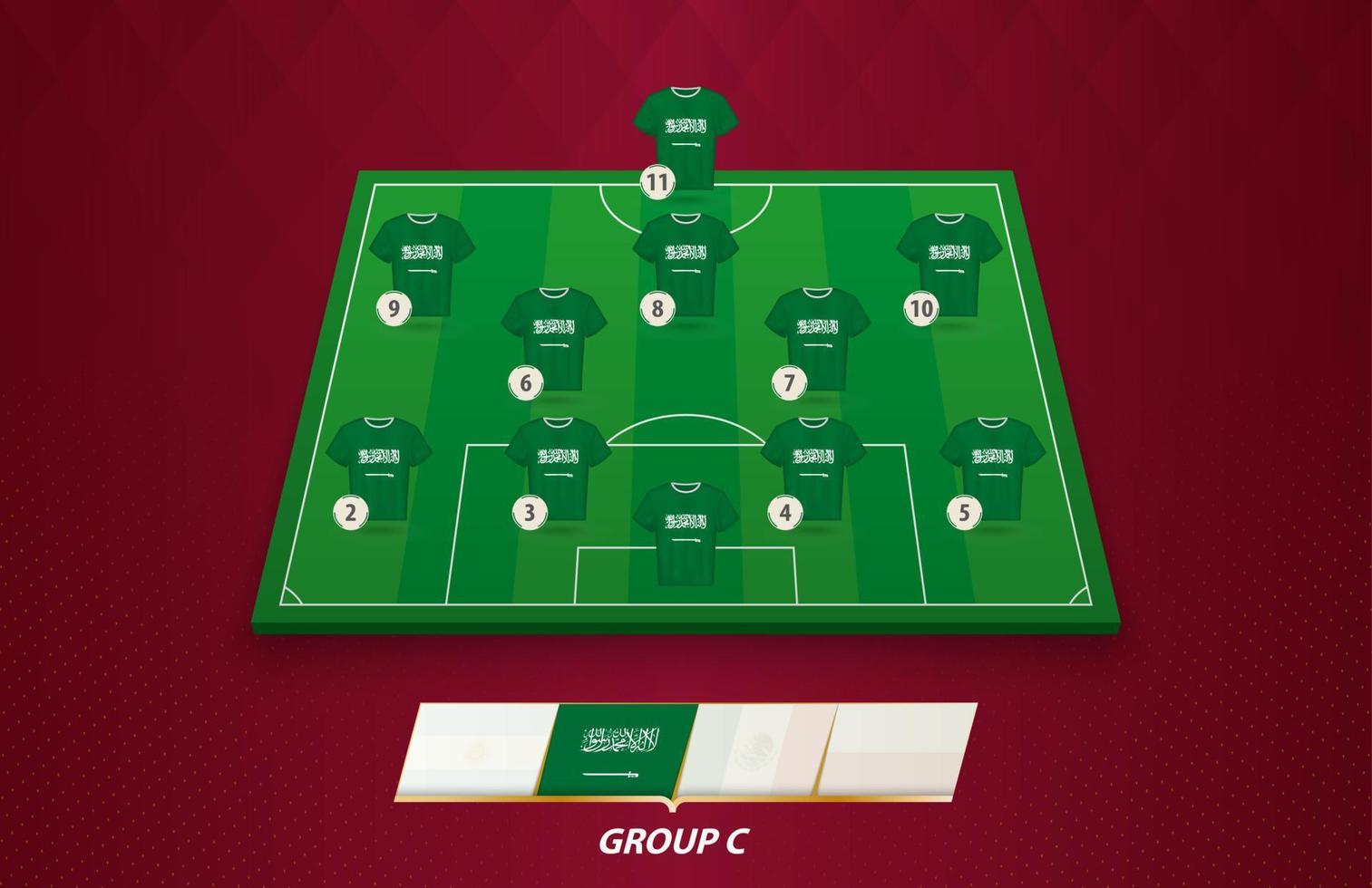 campo de futebol com escalação da equipe da arábia saudita para a competição europeia. vetor