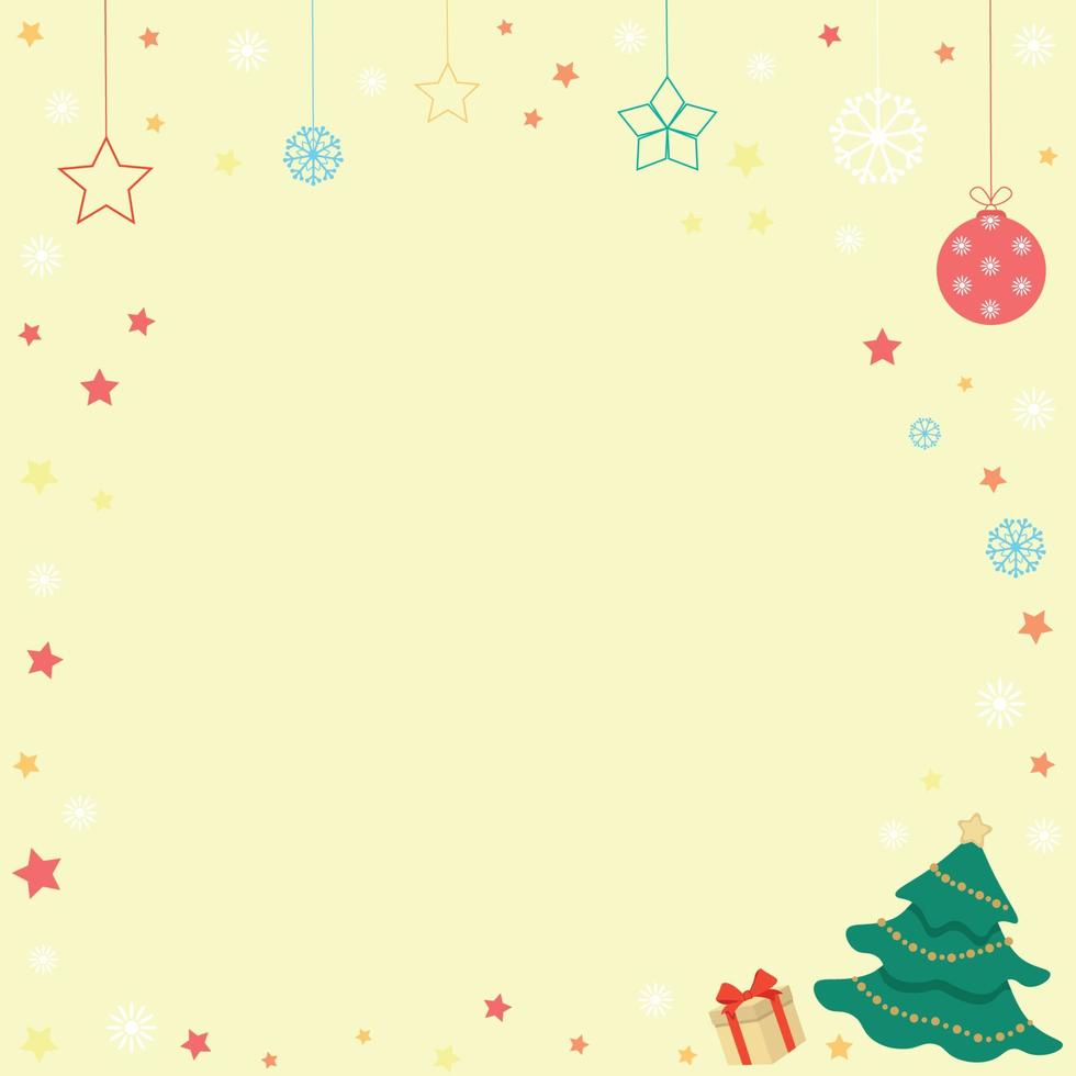 árvore de natal de fundo amarelo de natal, presente, estrelas, flocos de neve, vetor plano