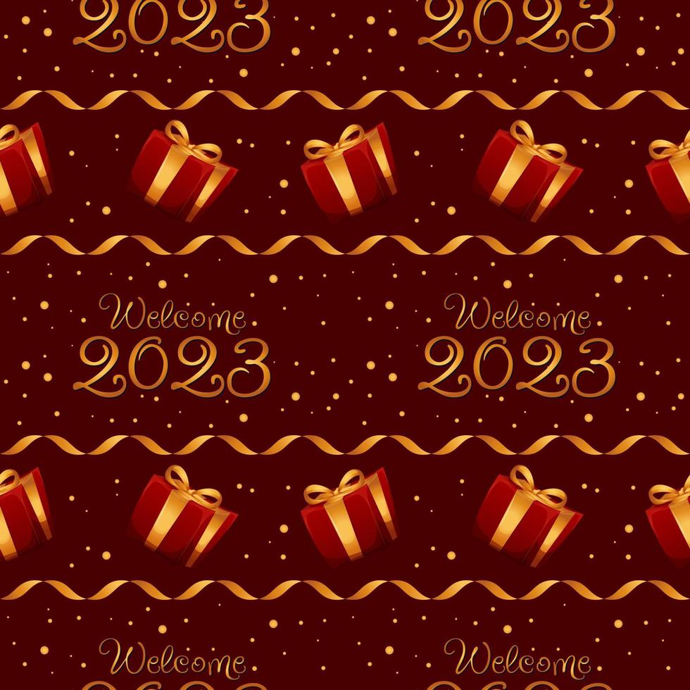 padrão de ano novo bem-vindo 2023 vermelho escuro e dourado com presentes vetor