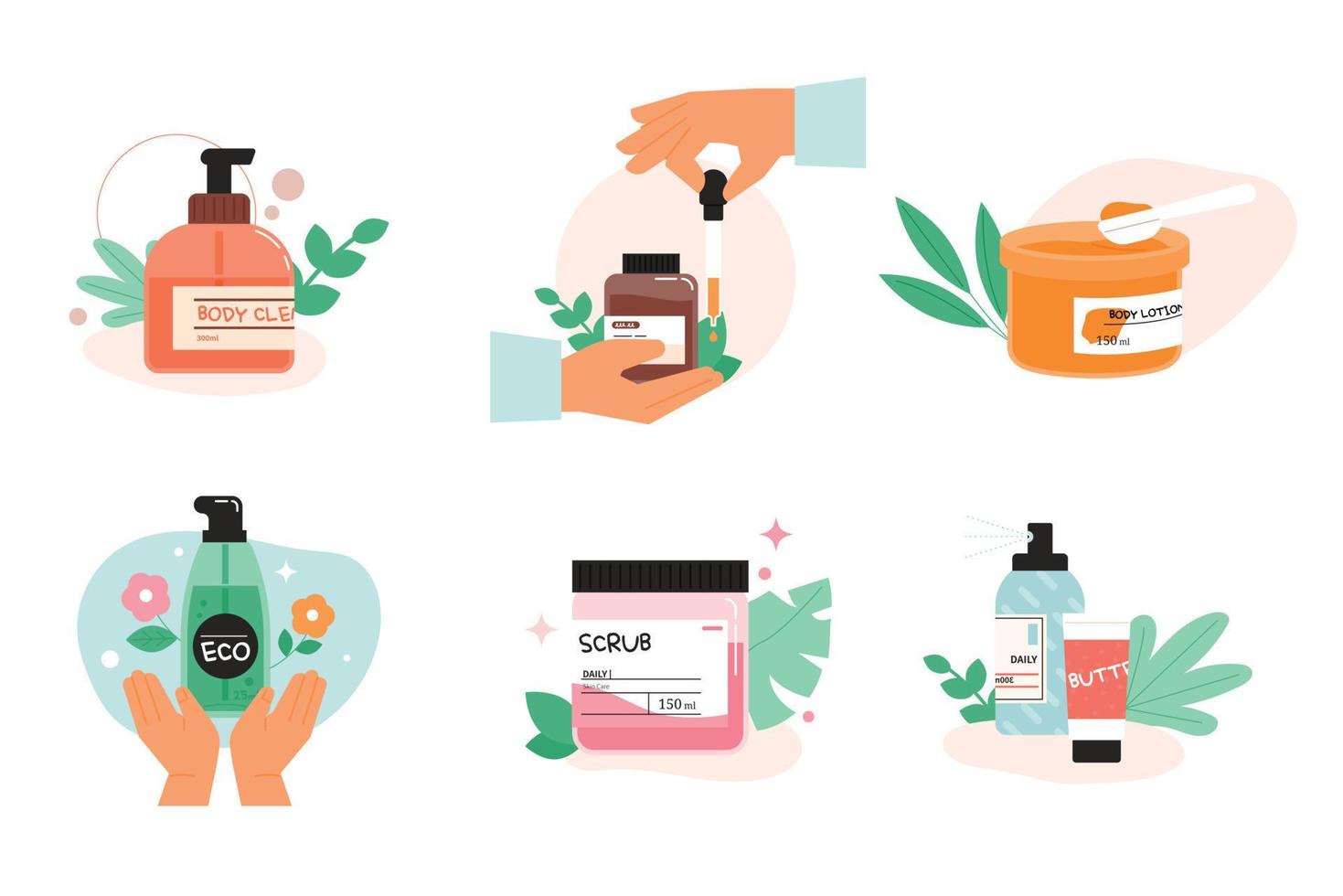 produtos cosméticos danyaham e as mãos que os utilizam. ilustração em vetor plana.