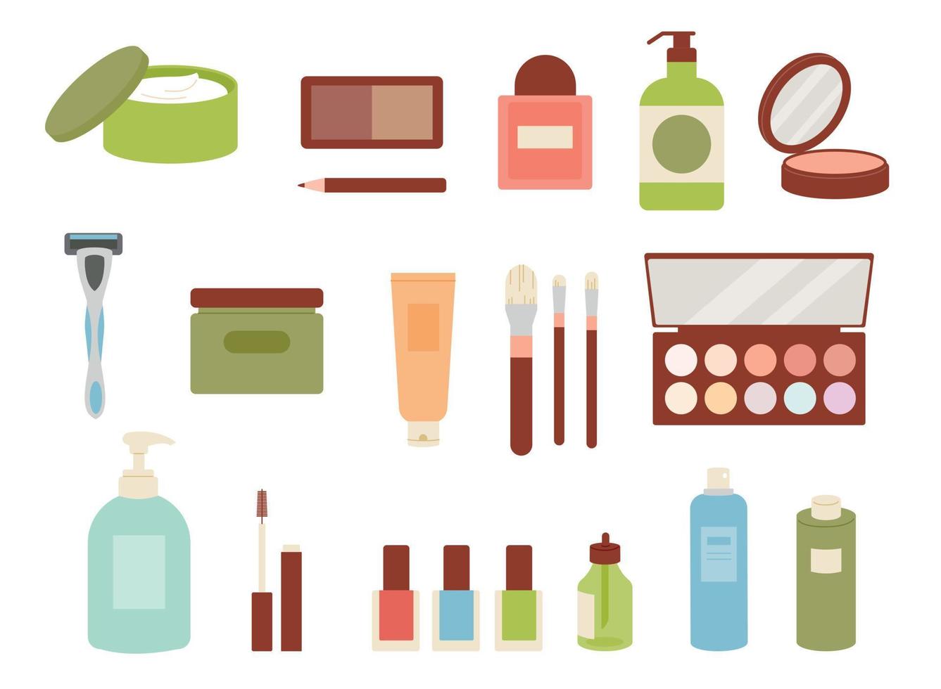 coleção de produtos para a pele e maquiagem. ilustração em vetor plana.