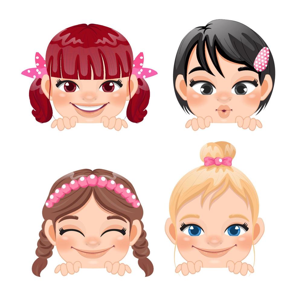 meninas bonitas peekaboo ou crianças espreitando coleção de meninas e ilustração vetorial de penteado diferente vetor