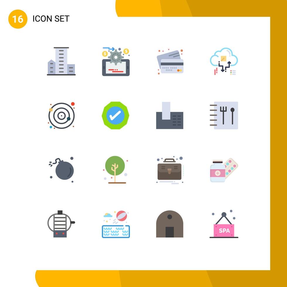 conjunto de pictogramas de 16 cores planas simples de banco de rede de compartilhamento conecta pacote editável de pagamento de elementos de design de vetores criativos