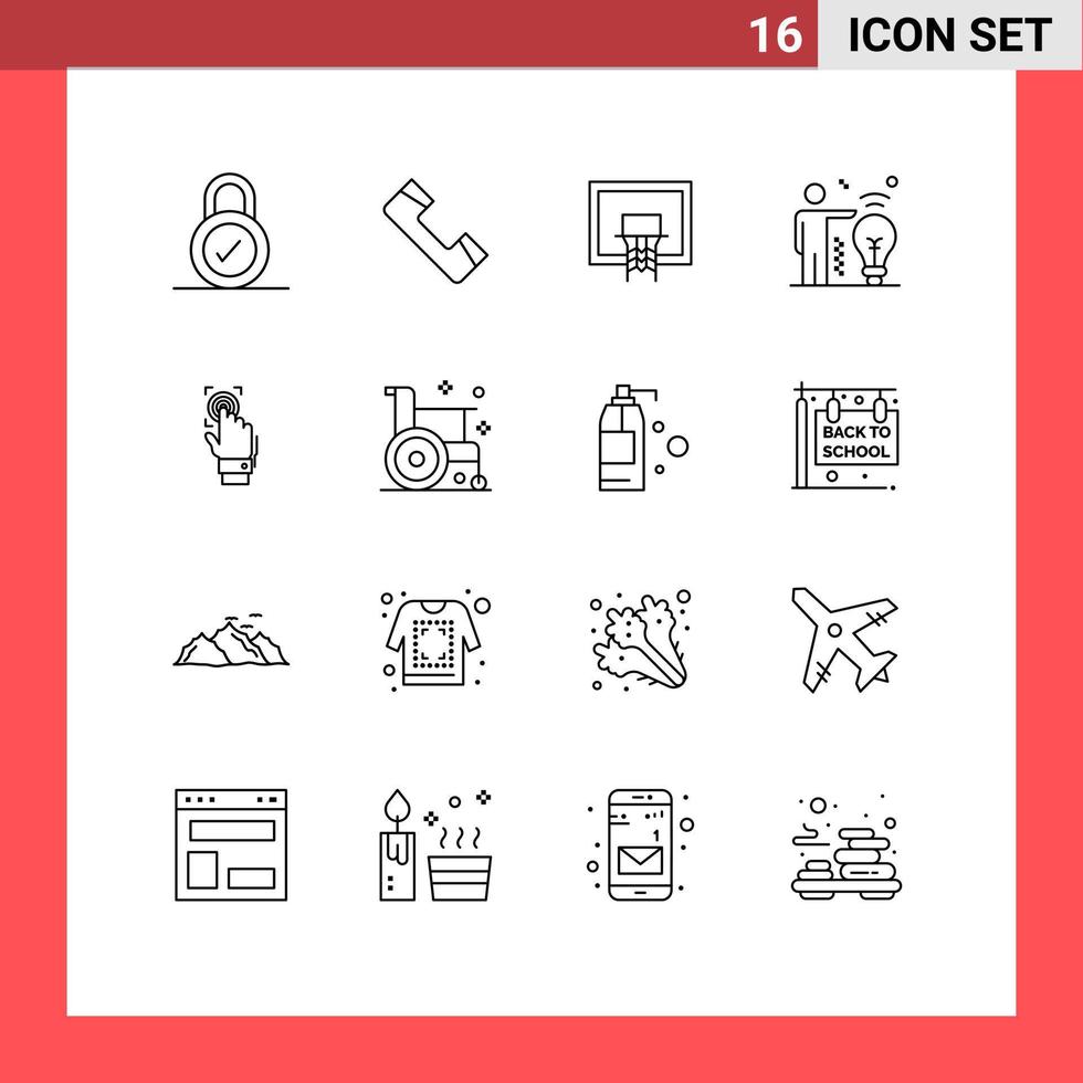 grupo de 16 contornos modernos definidos para elementos de design de vetores editáveis de negócios de lâmpada de basquete de impressão digital de reconhecimento