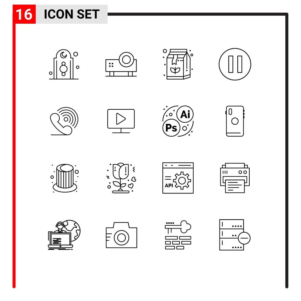 conjunto de pictogramas de 16 contornos simples de pausa do telefone projetor de slides multimídia café elementos de design vetorial editáveis vetor