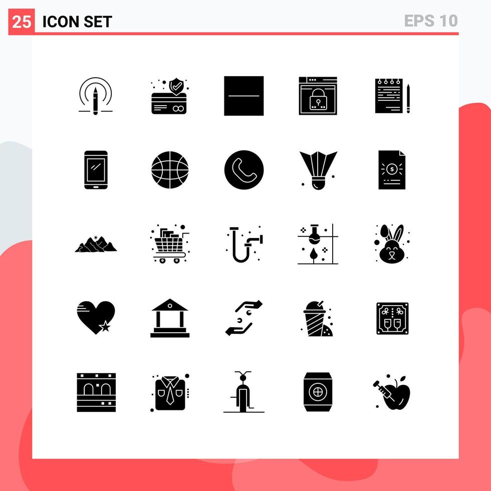 grupo de 25 glifos sólidos modernos definidos para layout de exclusão passward de negócios elementos de design de vetor editáveis seguros