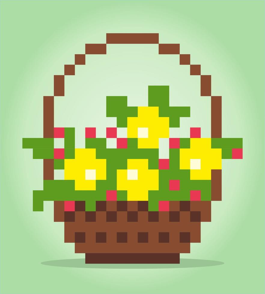 flores de pixel de 8 bits na cesta. flores de buquê para padrões de ponto cruz, em ilustrações vetoriais. vetor