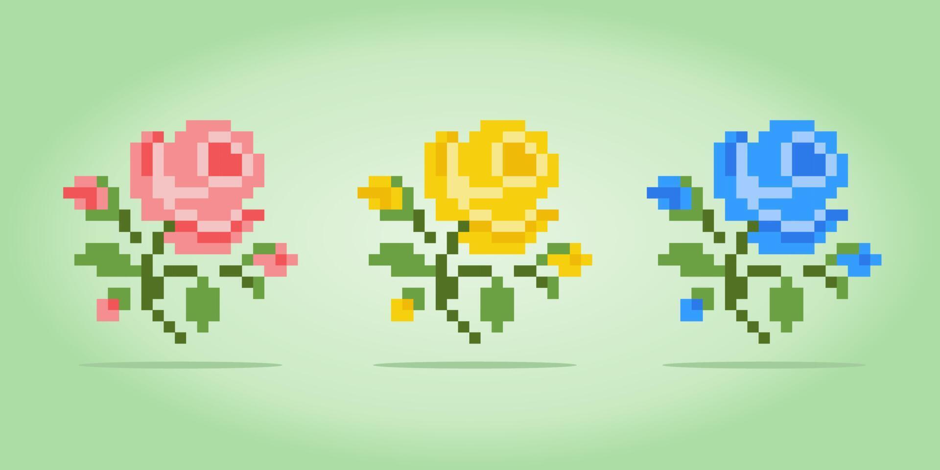 8 bits pixels de rosas. flores para padrões de ponto cruz, em ilustrações vetoriais. vetor