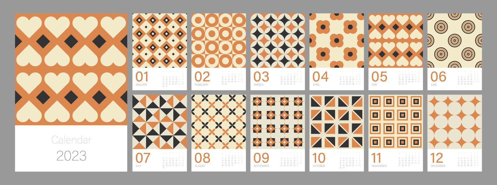 modelo de calendário para 2023. design vertical com ornamentos geométricos retrô coloridos brilhantes. modelo de página de ilustração editável a4, a3, conjunto de 12 meses com capa. malha de vetor. semana começa na segunda-feira. vetor