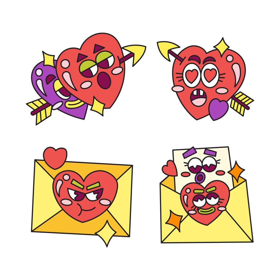 expressão de personagem de ilustração de mascote de desenho retrô. laço de cupido e envelope de carta de amor. vetor