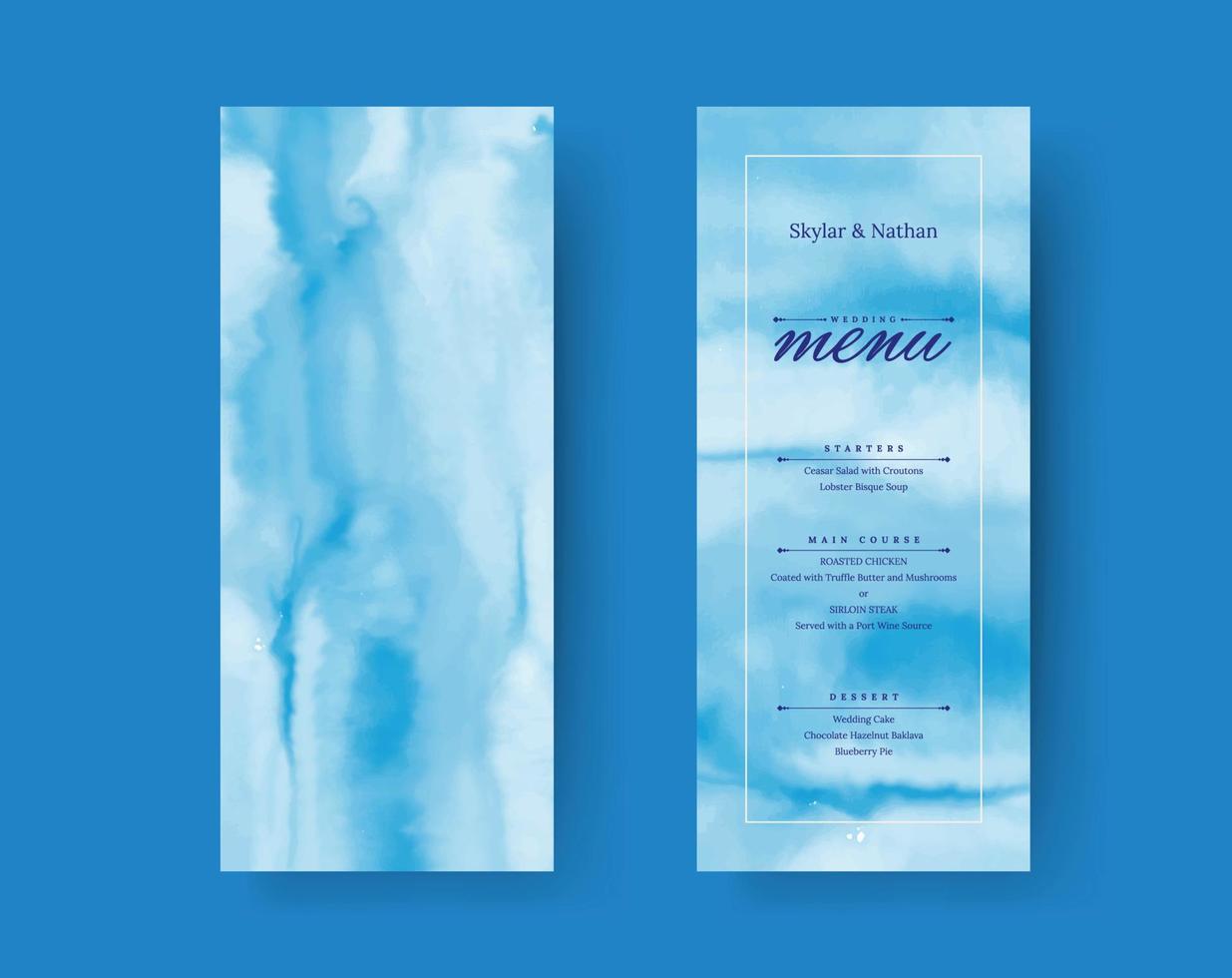 modelo de cartão de menu de casamento em aquarela azul moderno vetor