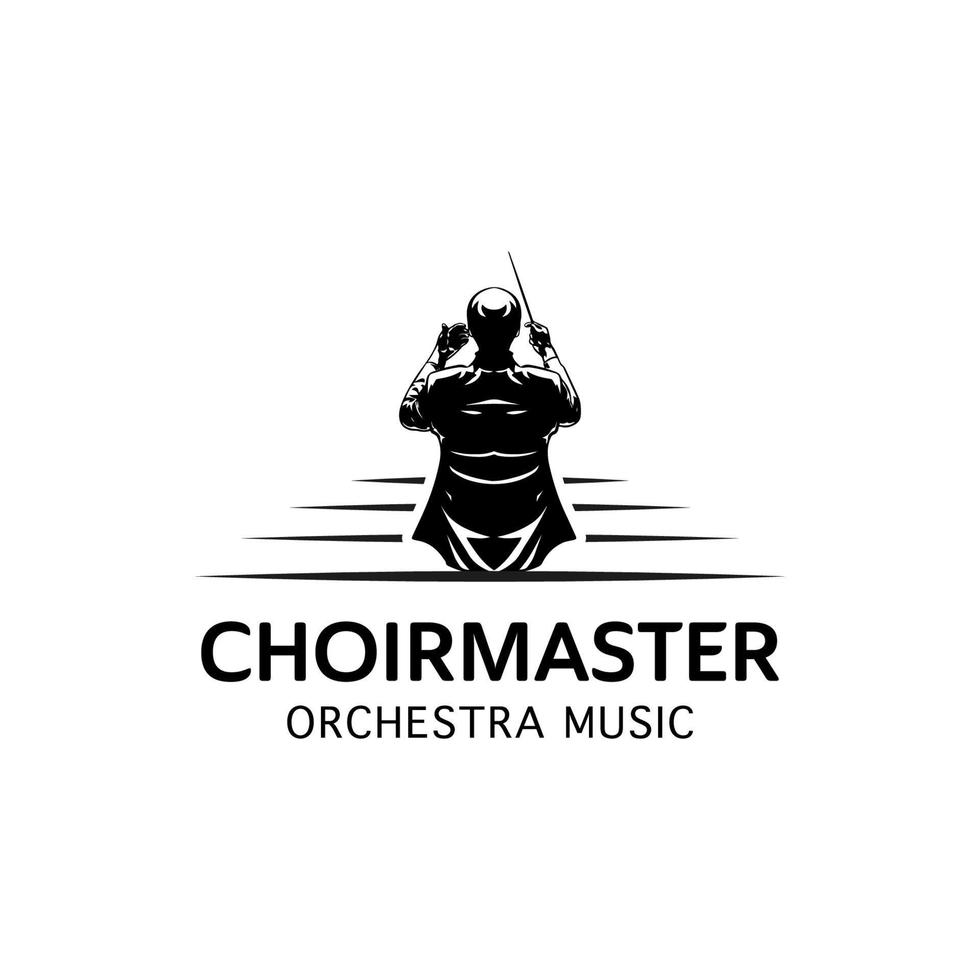 logotipo da música, silhueta de homem com design de logotipo de bastão, logotipo de mascote organizado musical. maestro ou maestro ilustração vetorial vetor