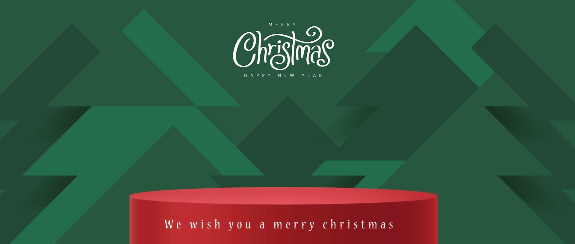 banner de natal com exibição de produto vermelho e fundo abstrato de árvore de natal vetor