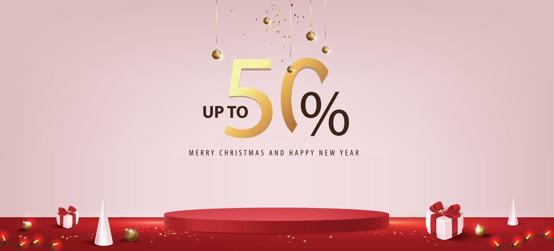 banner de promoção de venda de feliz natal com exibição de produto e decoração festiva vetor