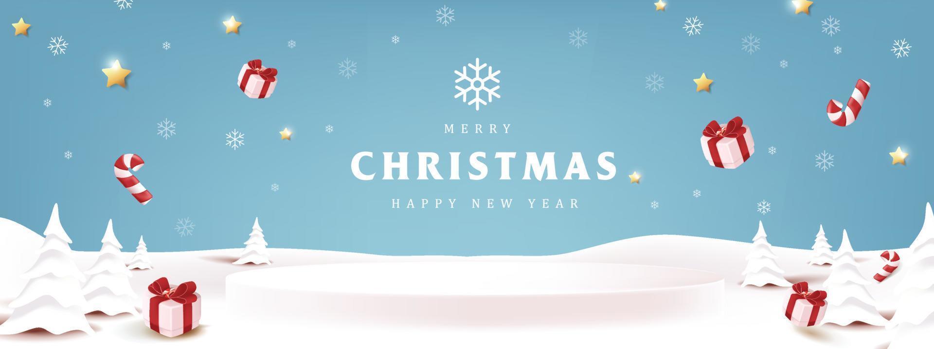 feliz natal banner fundo de paisagem de inverno e exibição de produto de neve forma cilíndrica vetor