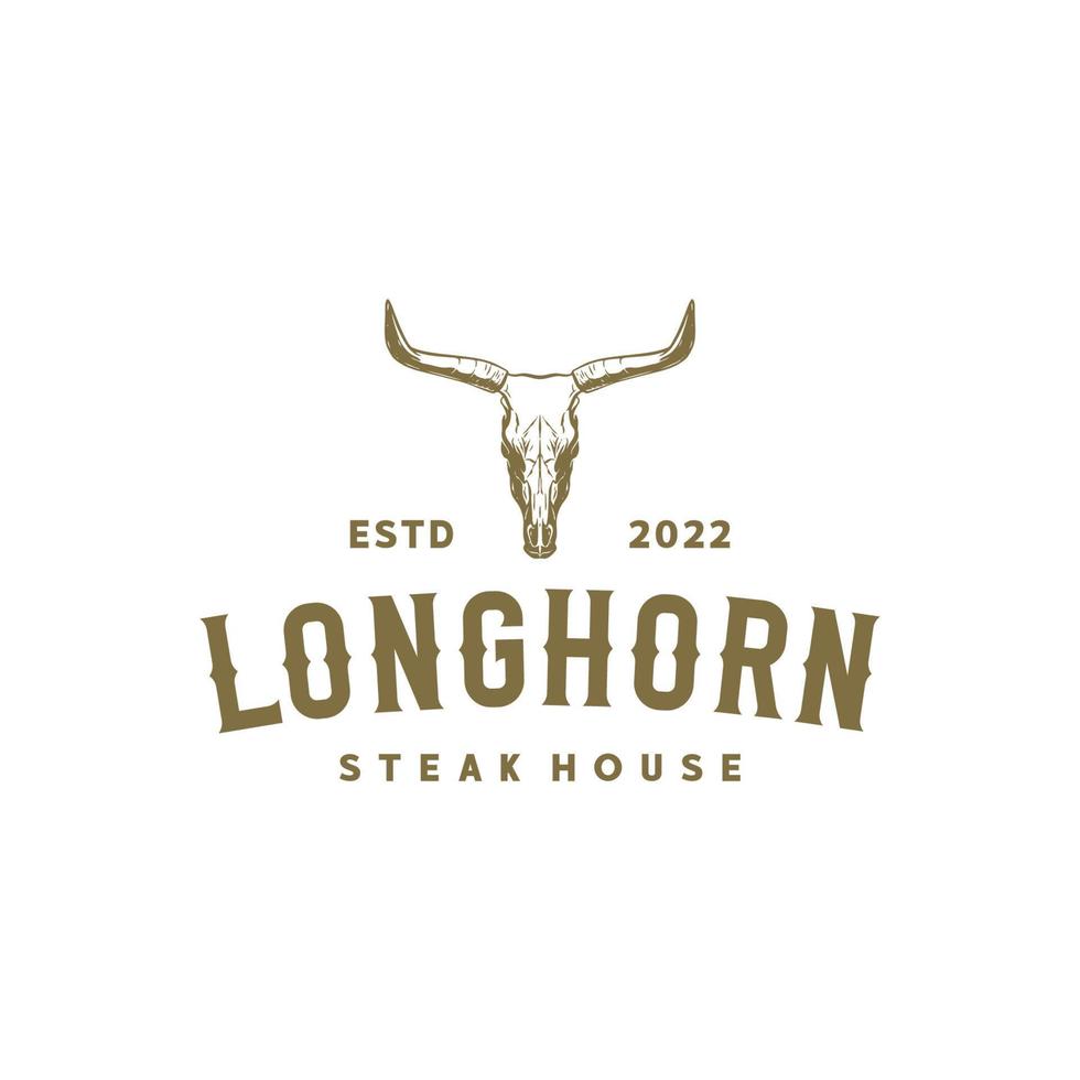 vaca texas longhorn, design de logotipo de rótulo vintage de gado de touro ocidental do país para fazenda rural familiar vetor