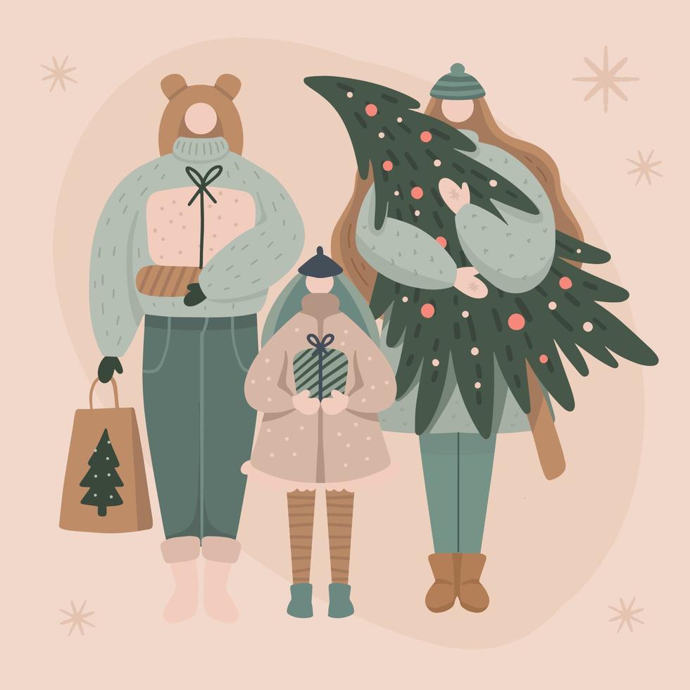 pais homossexuais femininos com crianças comprando e segurando presentes e árvore de natal. celebração de natal da família lgbt. compras no conceito de férias de inverno vetor