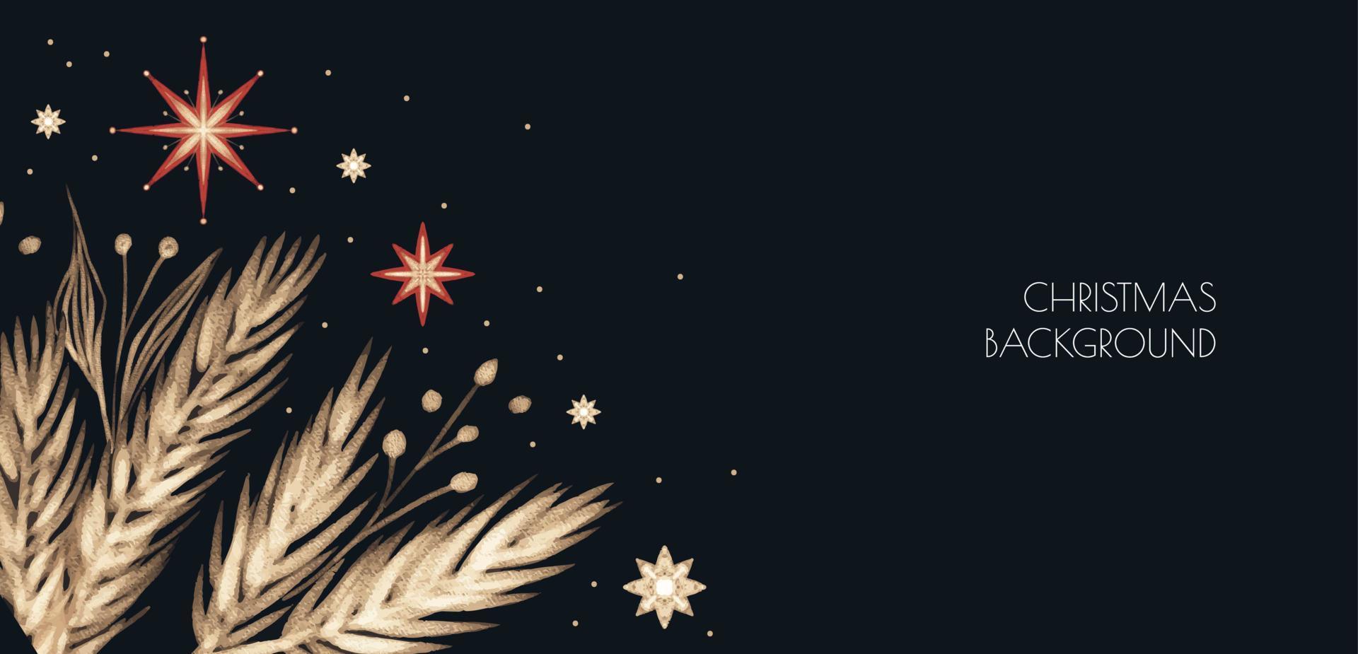 fundo de natal desenhado à mão escura com galhos de ouro e folhas. bandeira de luxo de férias de inverno vetor