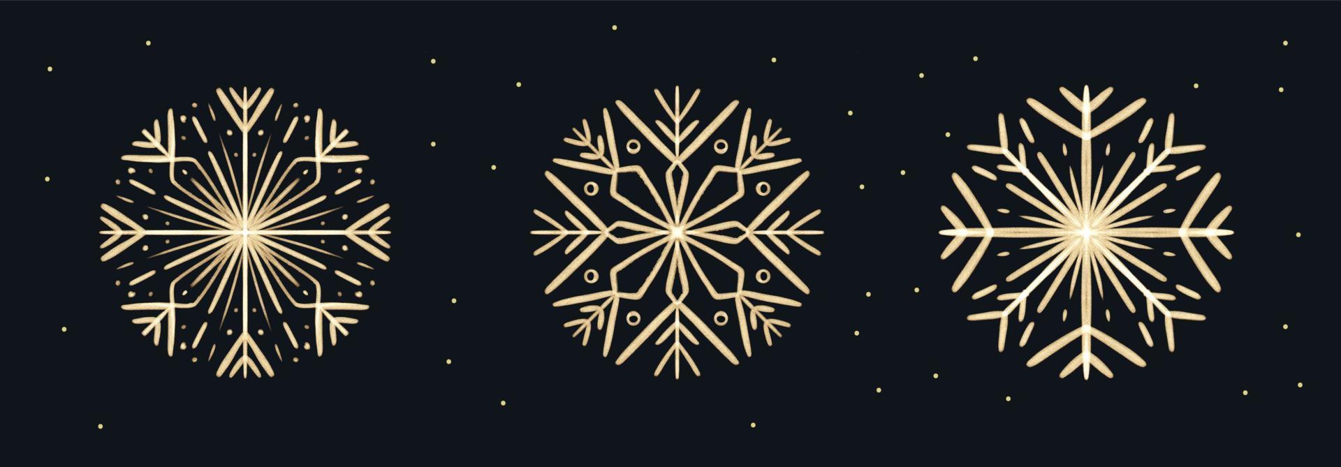 conjunto de flocos de neve de ouro desenhados à mão de pincelada para design de natal. elementos isolados de férias de inverno vetor