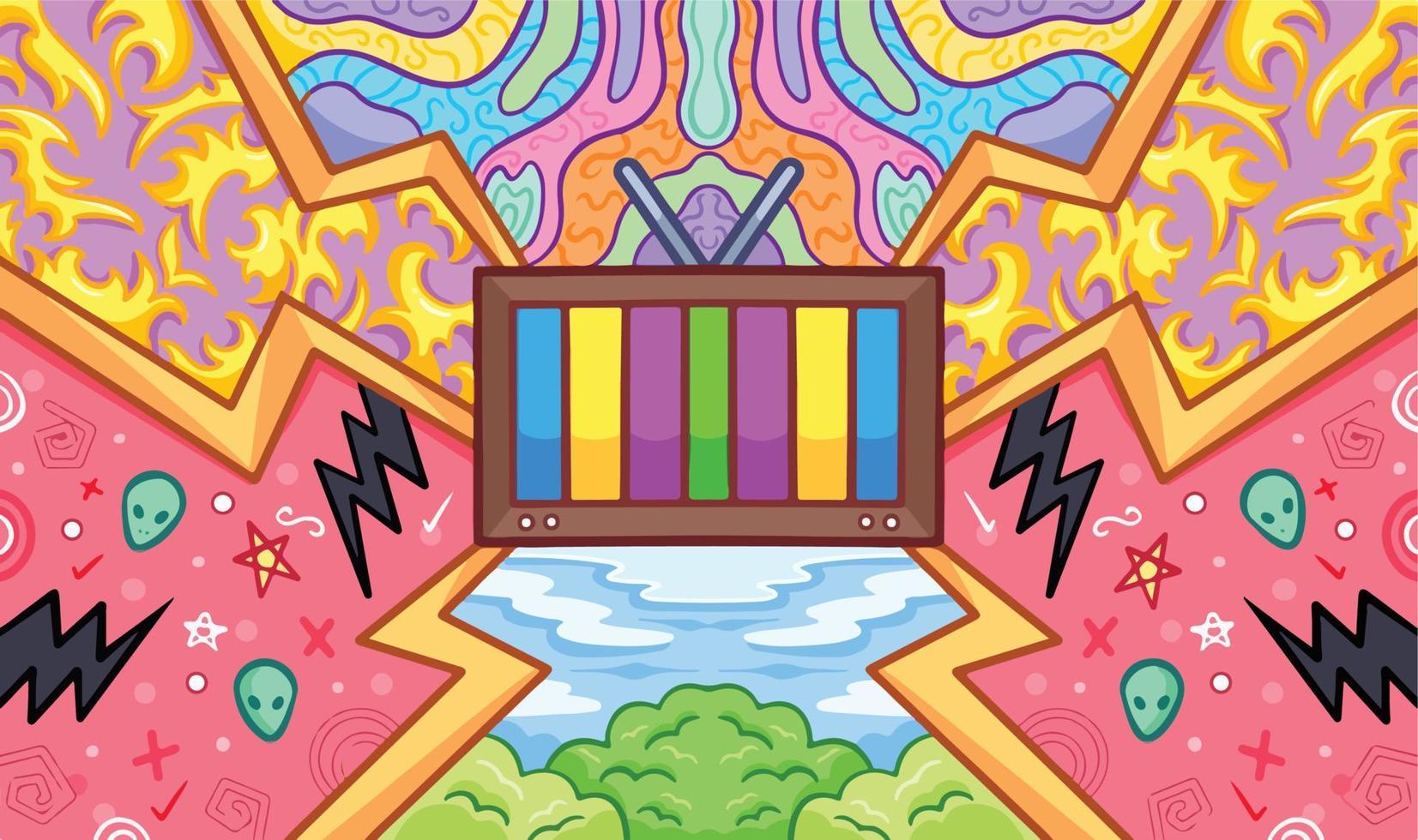 televisão, a janela para o fundo vetorial temático do mundo com vários elementos doodle. papel de parede de desenho de ilustração simétrica para site ou pôster com arte de linha limpa de desenho animado plana isolada. vetor