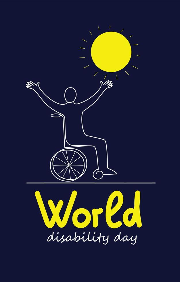 pessoa em cadeira de rodas. bandeira do doodle do vetor do dia mundial da deficiência. ilustração de desenho de linha contínua para mídias sociais.