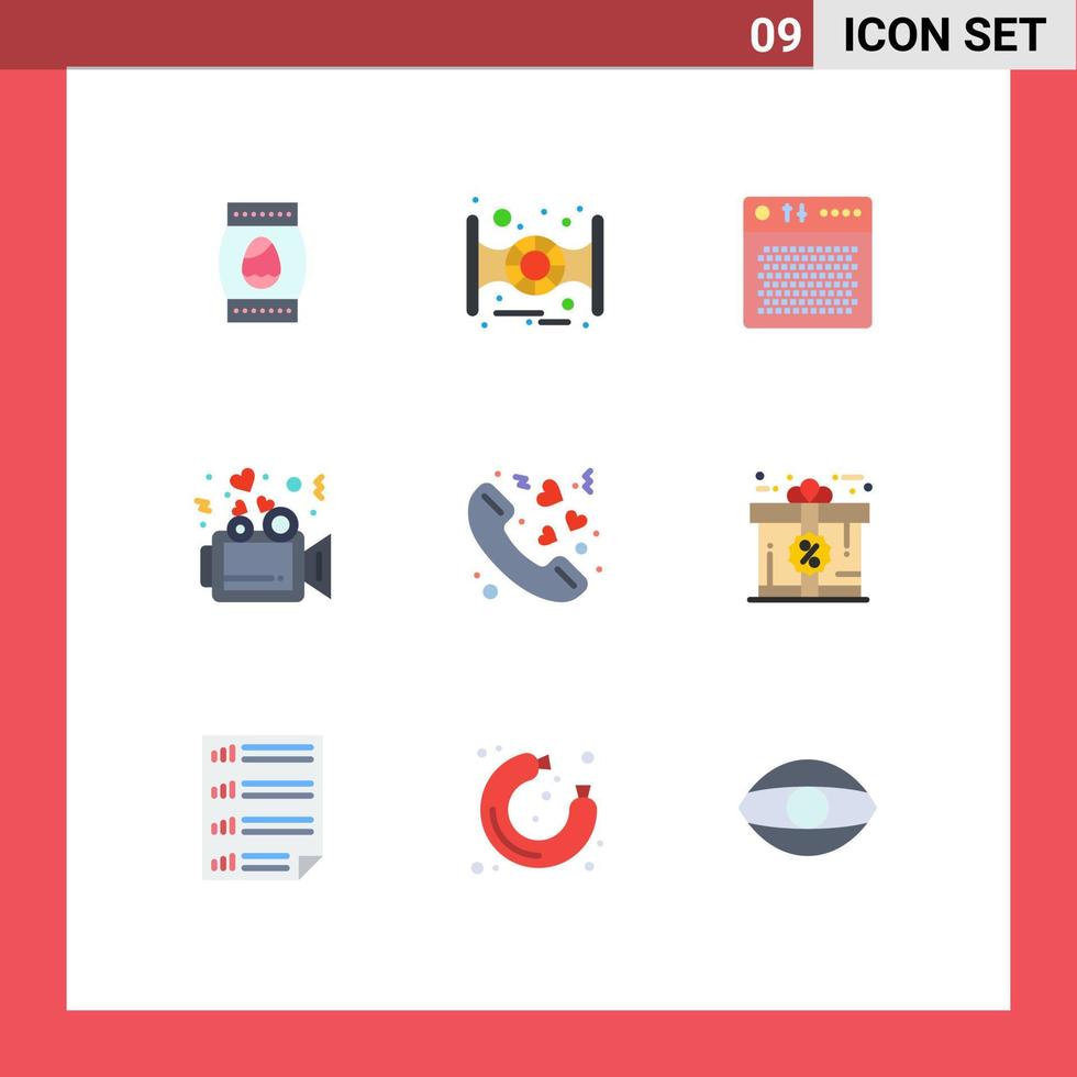 grupo de 9 cores planas modernas definidas para amor, áudio, vídeo, amor, elementos de design de vetores editáveis