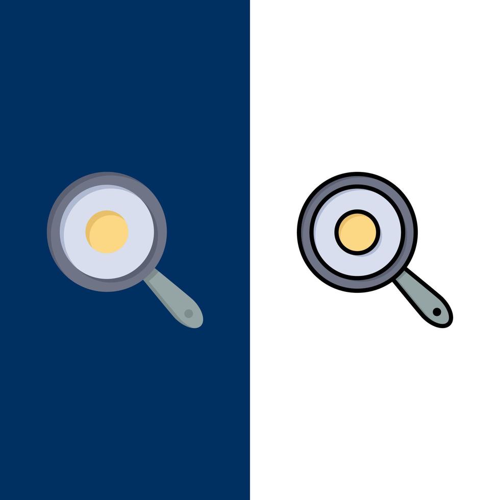 panela fritando ícones de grelha de cozinha plano e conjunto de ícones cheios de linha vector fundo azul