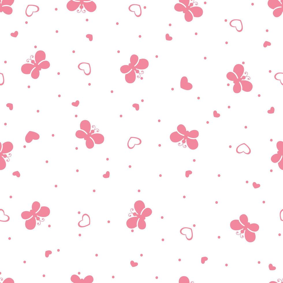 padrão perfeito com borboletas e corações de desenho animado. estampa delicada nas cores rosa vetor