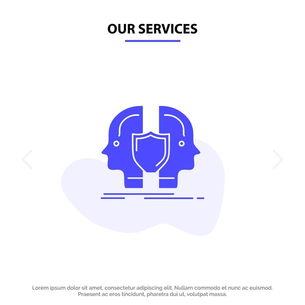 nosso modelo de cartão web de ícone sólido de glifo sólido de escudo de identidade dupla de rosto de serviços vetor