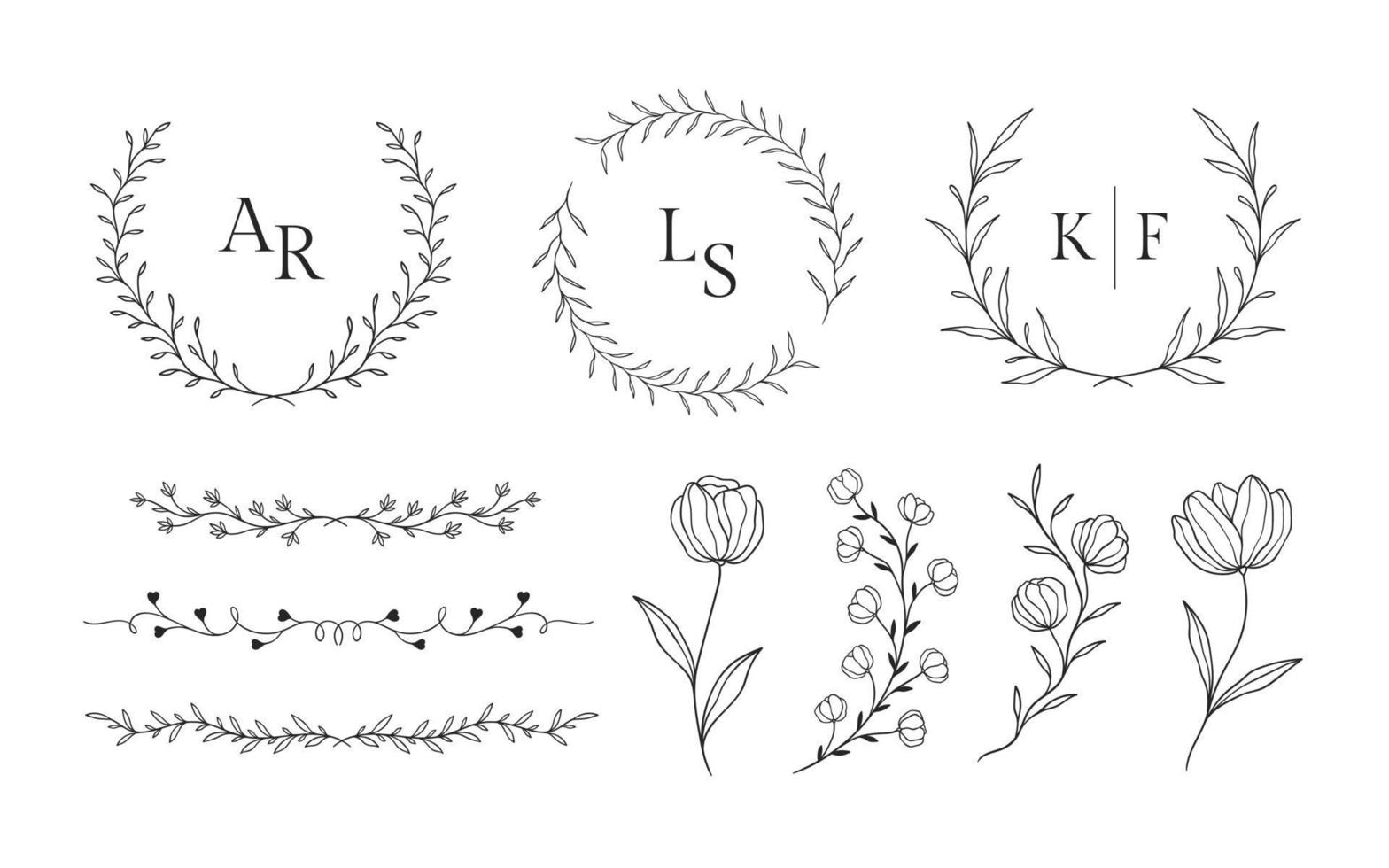 conjunto de molduras florais desenhadas à mão para enfeite de casamento ou modelo de logotipo de beleza feminina vetor