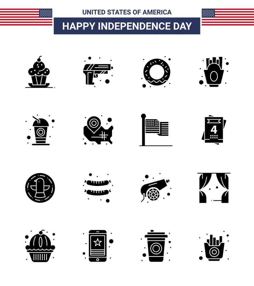 feliz dia da independência 4 de julho conjunto de 16 glifos sólidos pictograma americano de cola comida arma batatas fritas chips editáveis dia dos eua elementos de design vetorial vetor