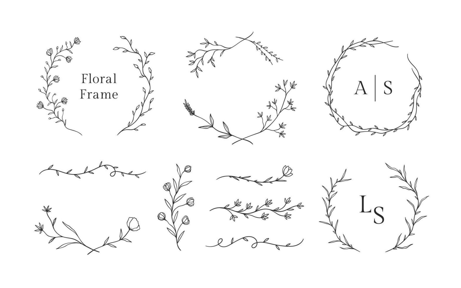 conjunto de molduras florais desenhadas à mão para enfeite de casamento ou modelo de logotipo de beleza feminina vetor