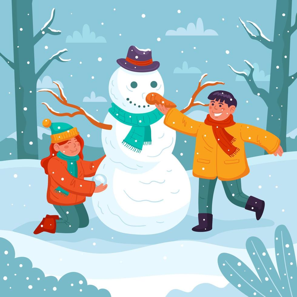 crianças fazendo boneco de neve na atividade ao ar livre de inverno vetor