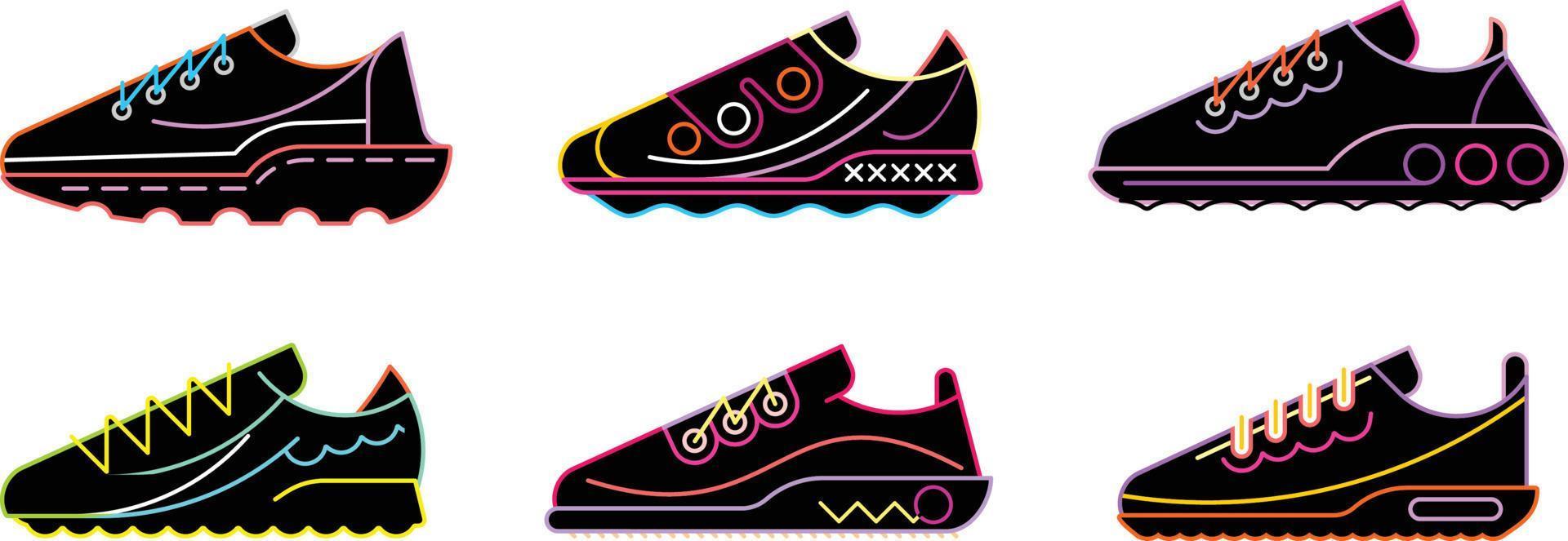 sapato de tênis minimalista plano linha de néon contorno coleção de conjunto de símbolos de pictograma de ícone de traço vetor